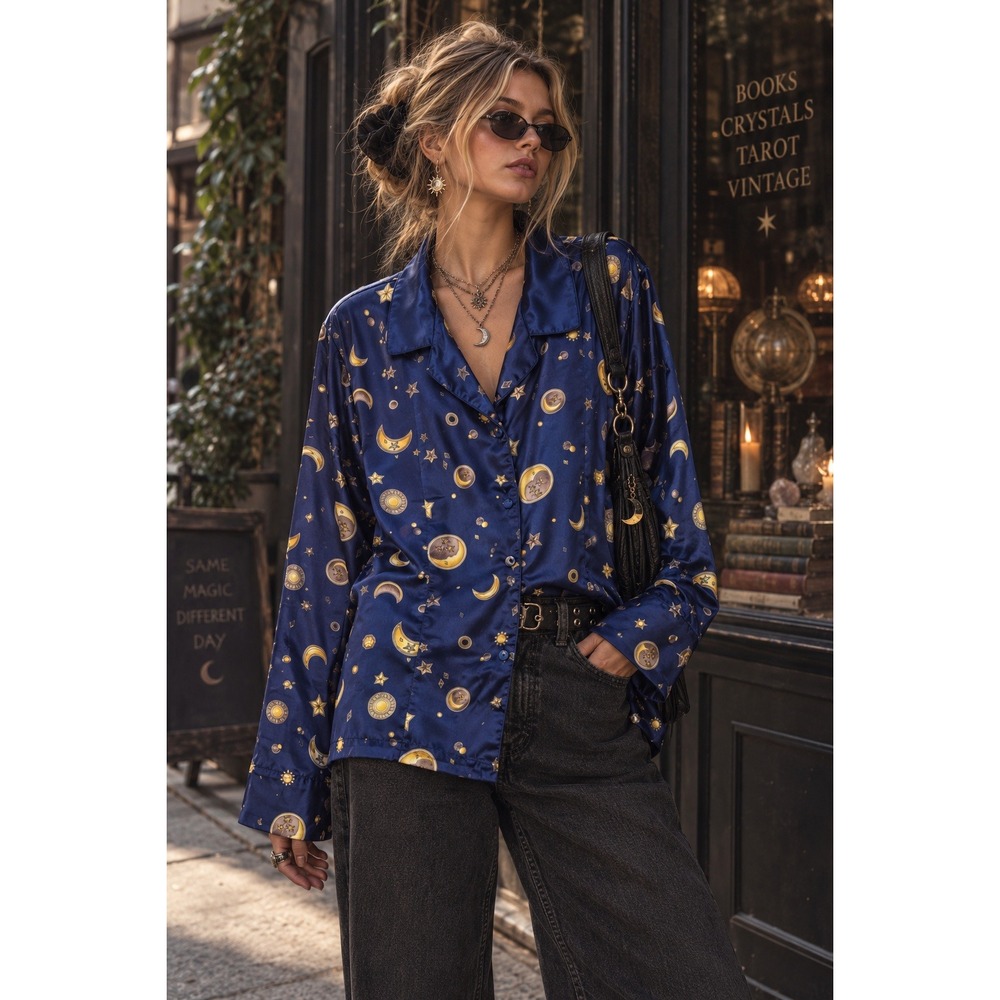Vintage 90s Celestial Pajama Top Womens M Blue Satin Sun Star Moon Witchy Shirt